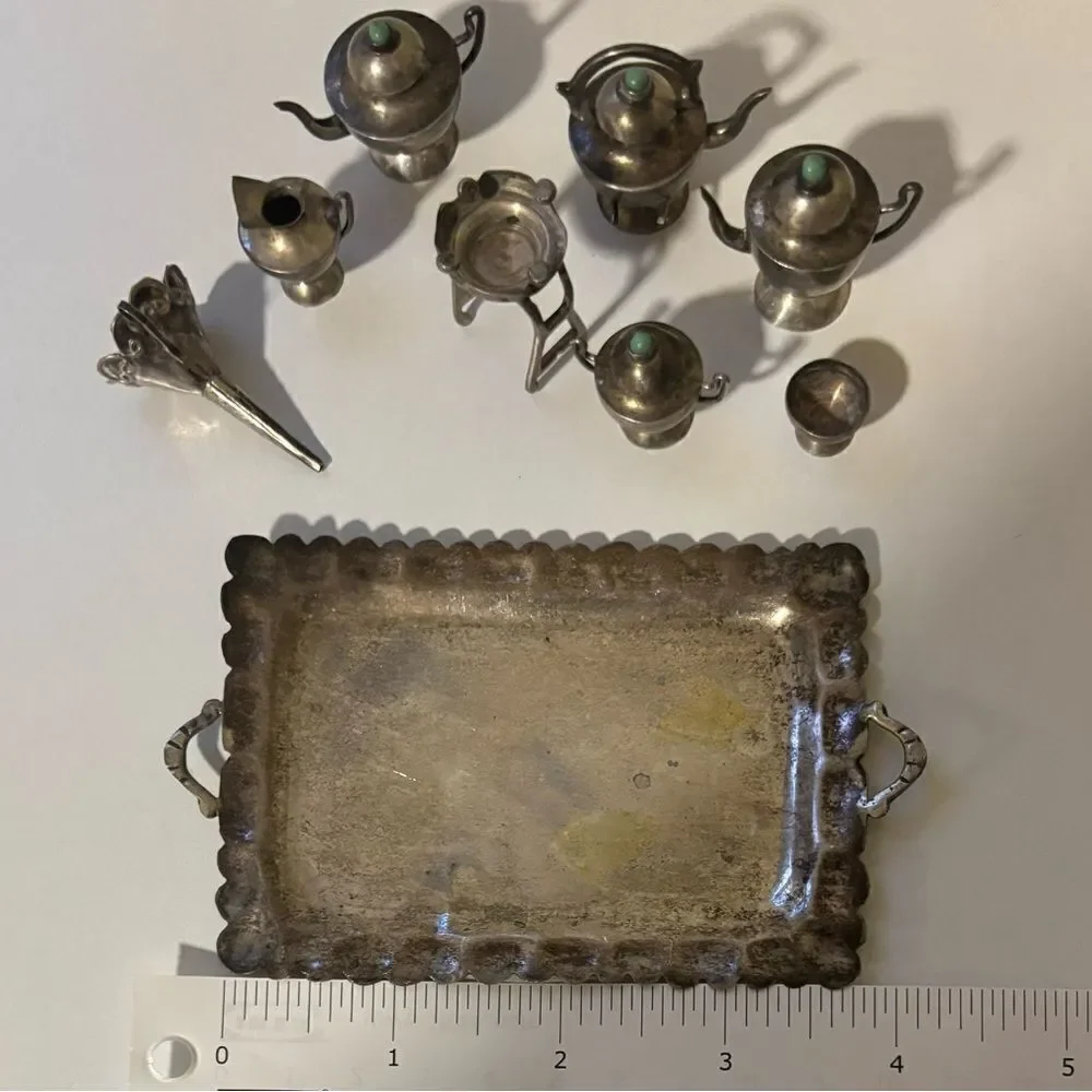 RARE -ANTIQUE STERLING SILVER Turquoise 9 Pieces Miniature Tea Set